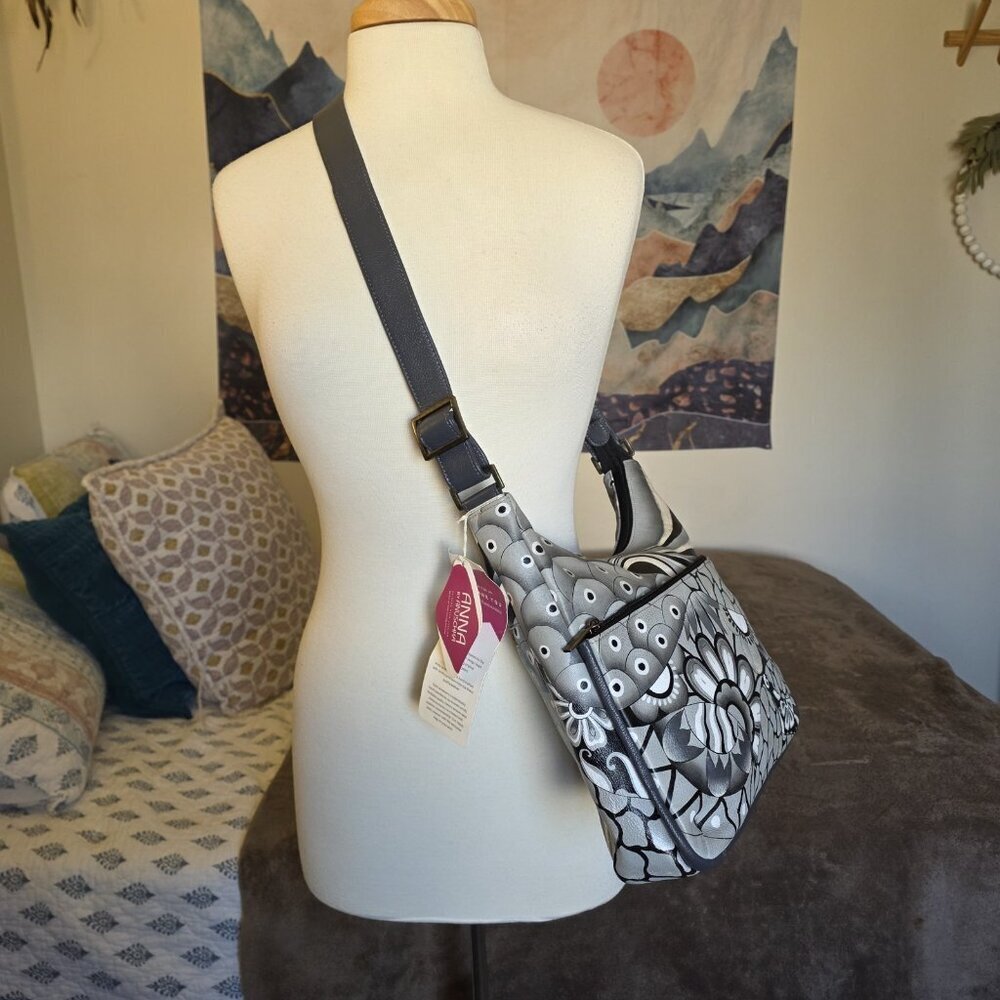 Anuschka Hand Painted Leather Hobo Bag Pewter Floral Patchwork Art NWT - Picture 8 of 16